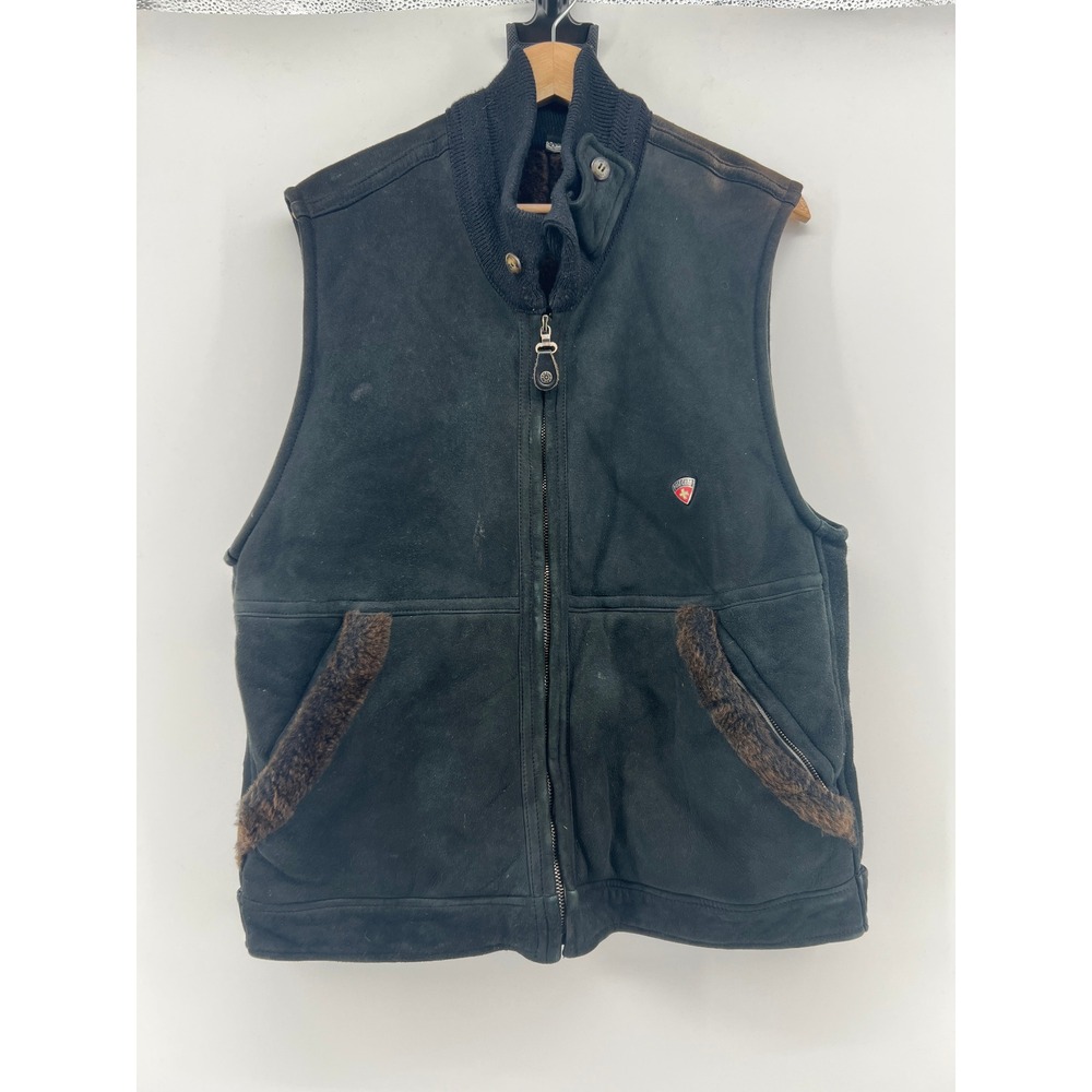 Post Card Mens Black Lamb Shearling Vest Suede Fur Lined Spain Size 50 N